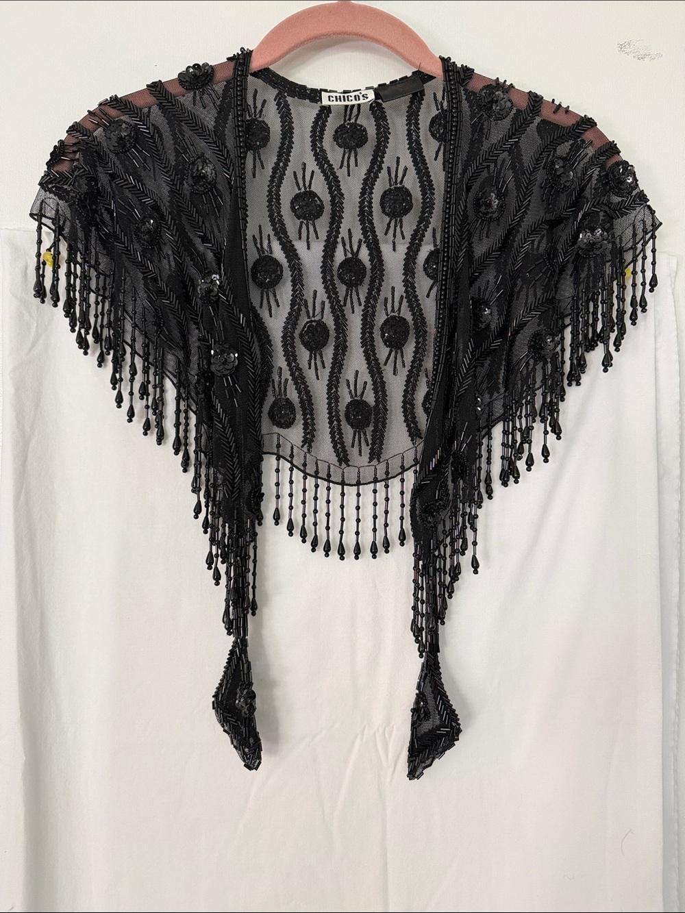 Vintage Chico's Black Sheer Embroidered & Beaded Overlay Festive Shawl/Sz 4-14